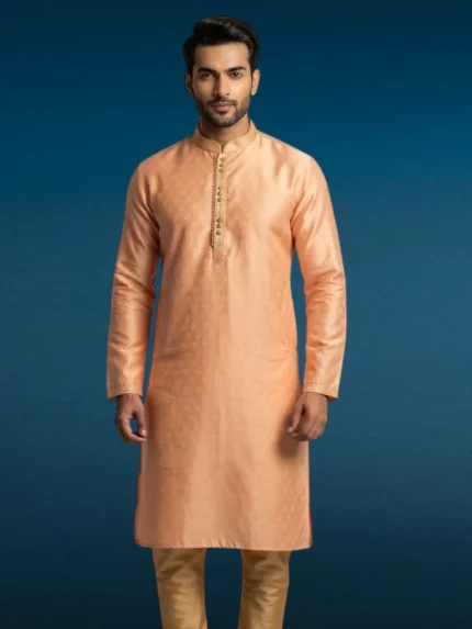 Peach Jaquard Silk Kurta Pajama